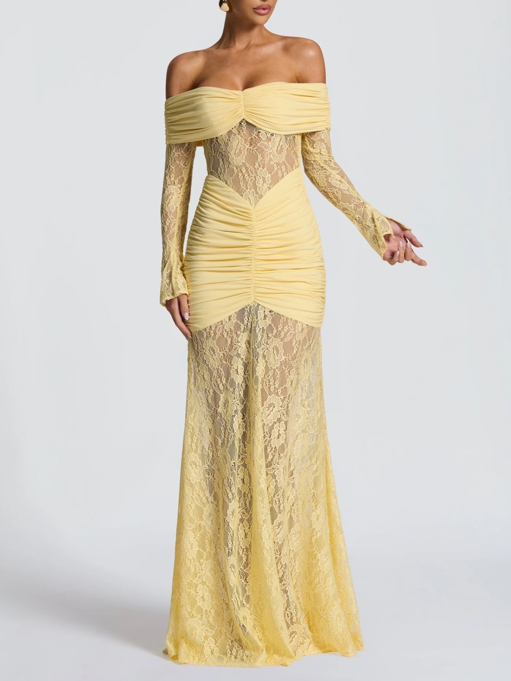 Off-Shoulder Yellow Lace Evening Gown
